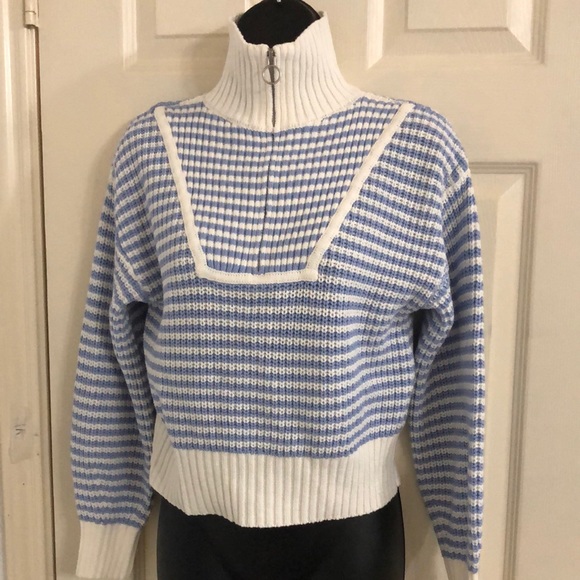 Jessica Simpson Sweaters - Jessica Simpson blue ecru stripe henley style quarter zipup sweater size medium
